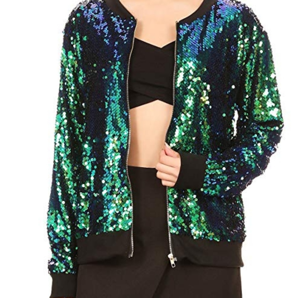 Sequin Long Sleeve Front Jacket with Ribbed Cuffs